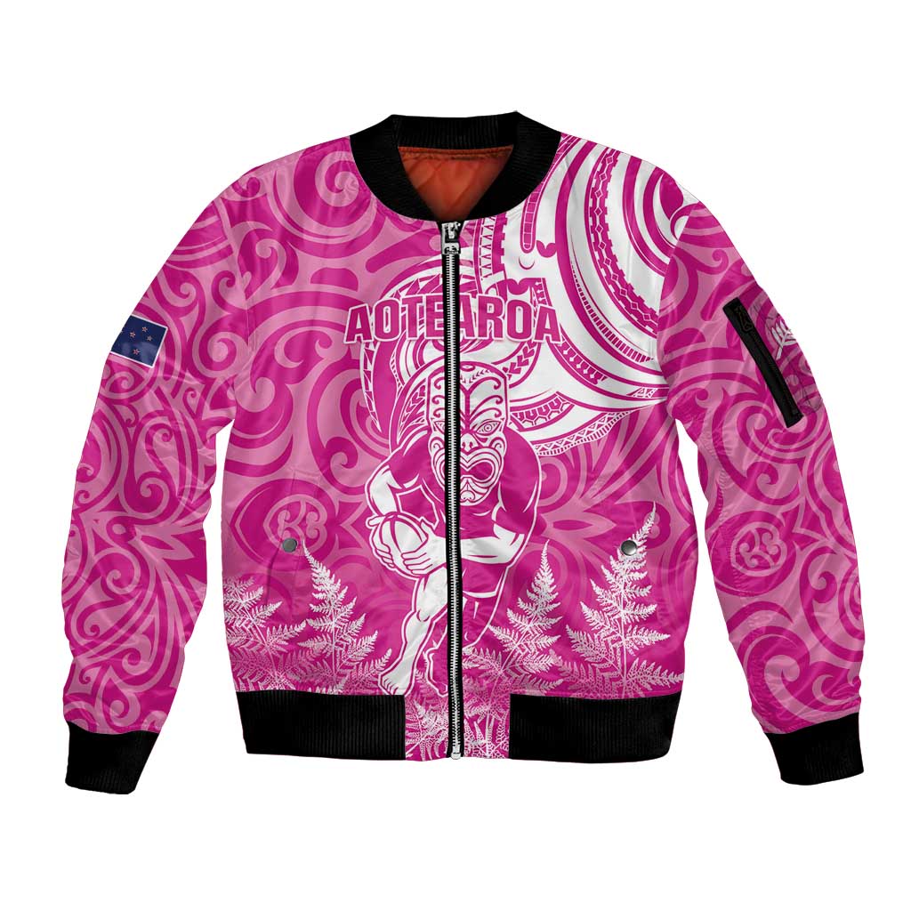 New Zealand Silver Fern Rugby All Pink Sleeve Zip Bomber Jacket Maori Tiki Player With Ta Moko Tribal - Wonder Print Shop