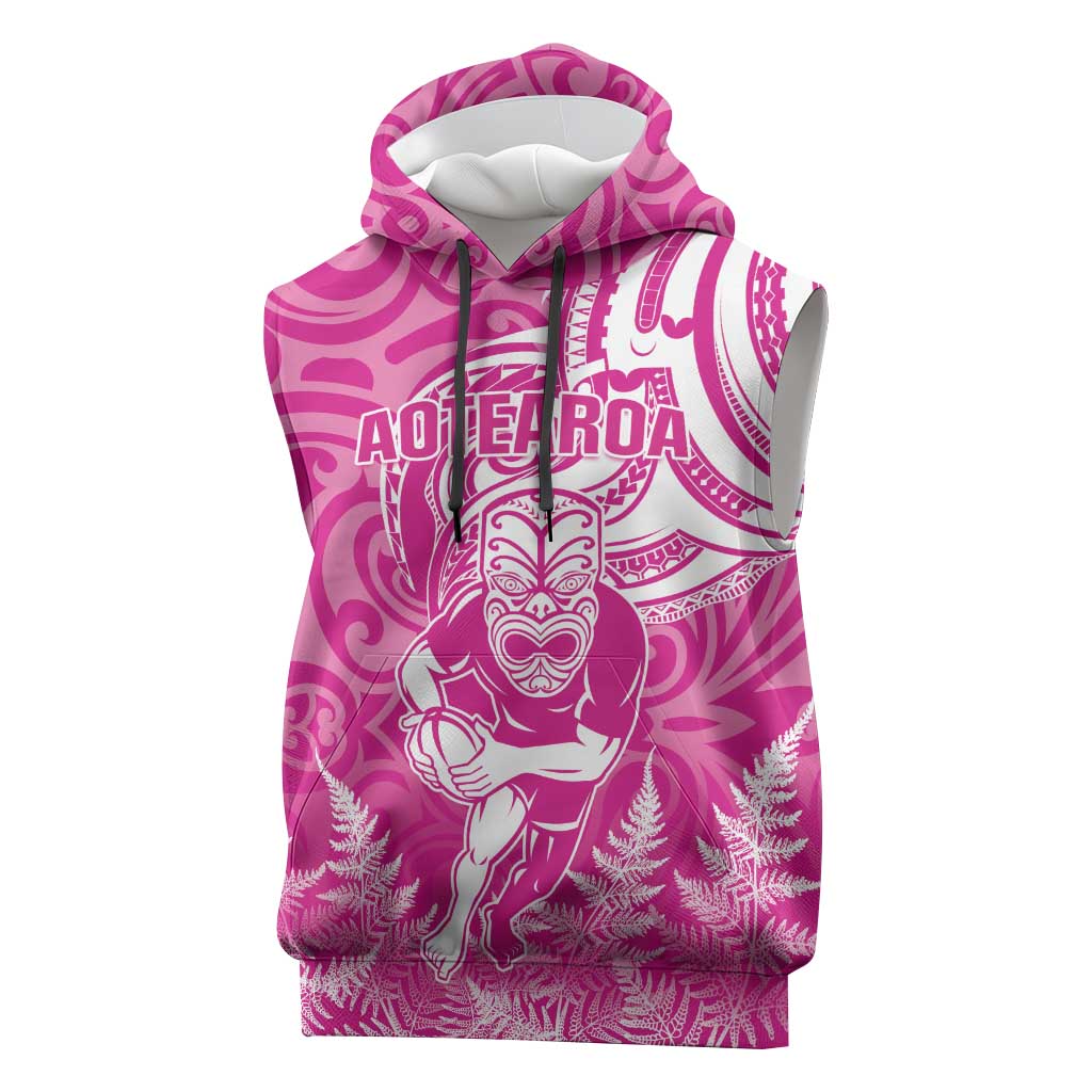 New Zealand Silver Fern Rugby All Pink Sleeveless Hoodie Maori Tiki Player With Ta Moko Tribal - Wonder Print Shop