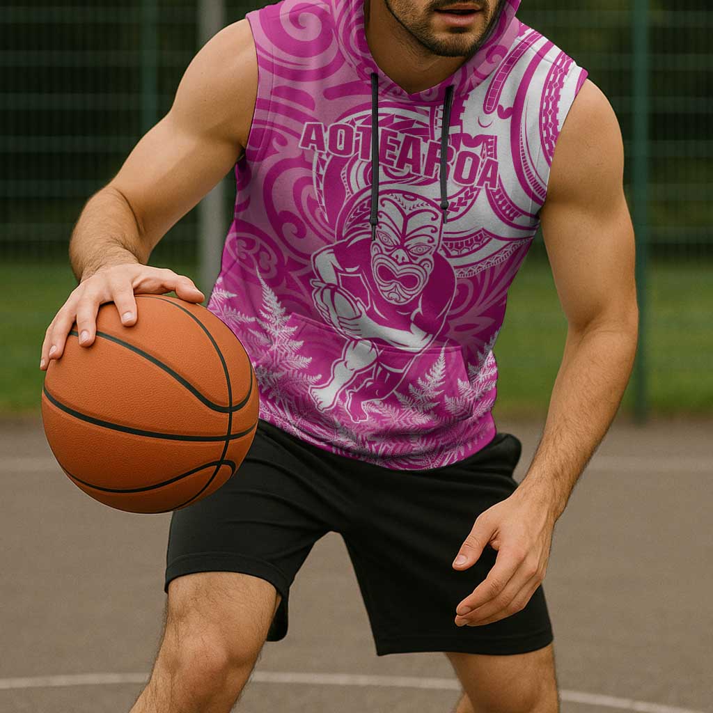 New Zealand Silver Fern Rugby All Pink Sleeveless Hoodie Maori Tiki Player With Ta Moko Tribal - Wonder Print Shop