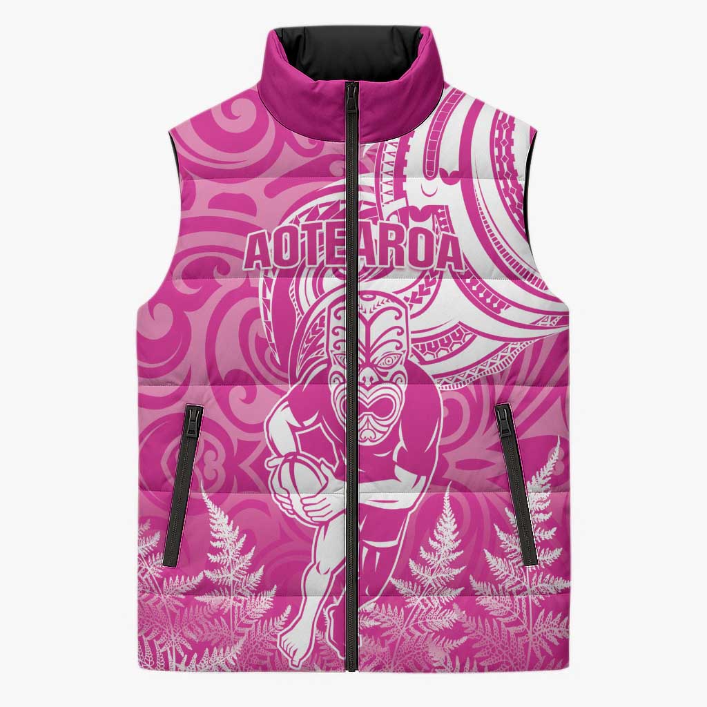 New Zealand Silver Fern Rugby All Pink Sleeveless Puffer Jacket Maori Tiki Player With Ta Moko Tribal - Wonder Print Shop
