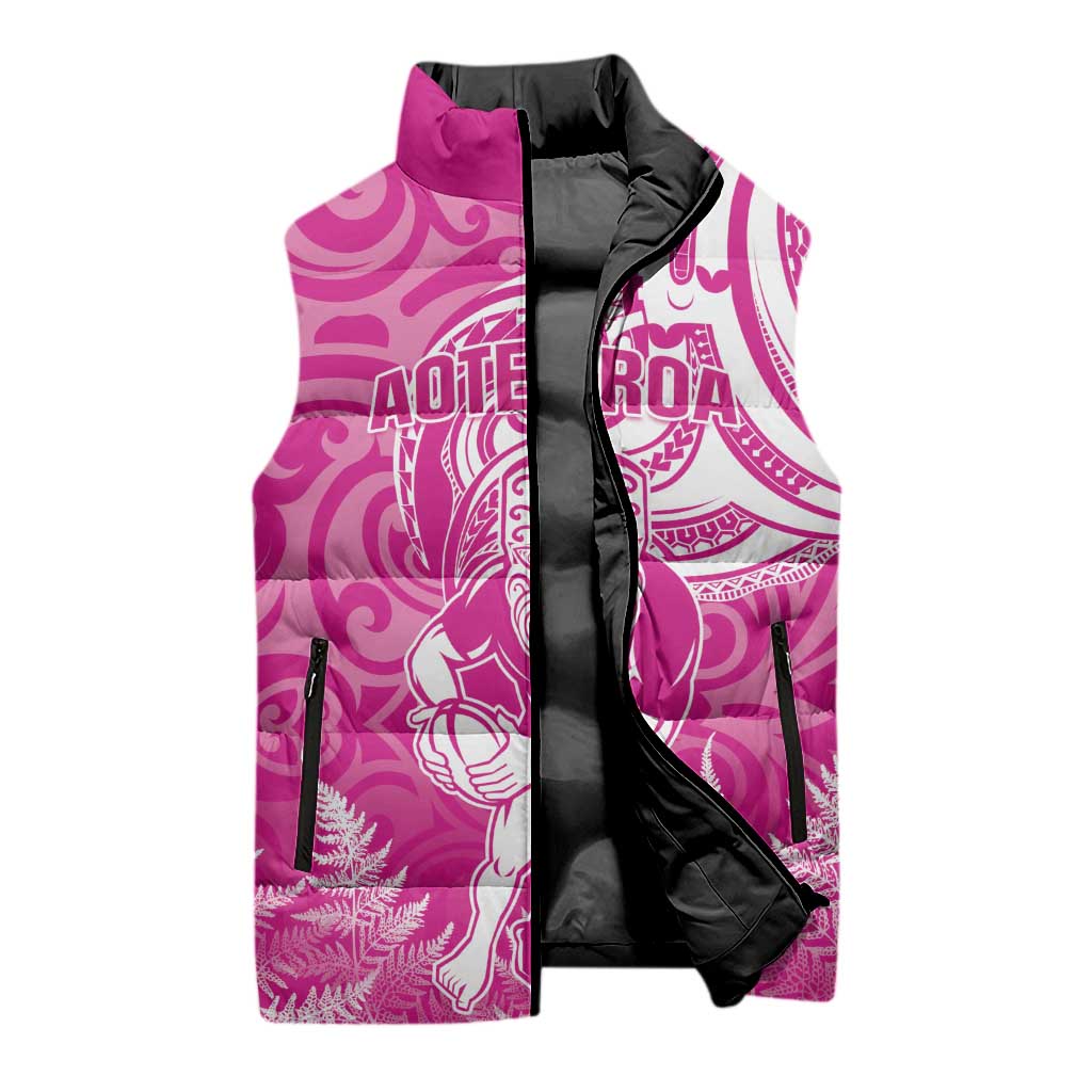 New Zealand Silver Fern Rugby All Pink Sleeveless Puffer Jacket Maori Tiki Player With Ta Moko Tribal - Wonder Print Shop