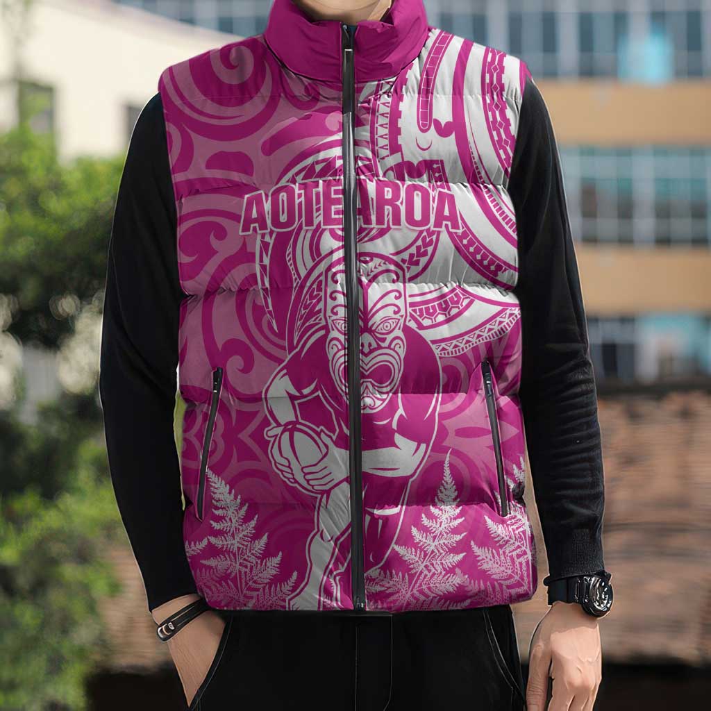 New Zealand Silver Fern Rugby All Pink Sleeveless Puffer Jacket Maori Tiki Player With Ta Moko Tribal - Wonder Print Shop
