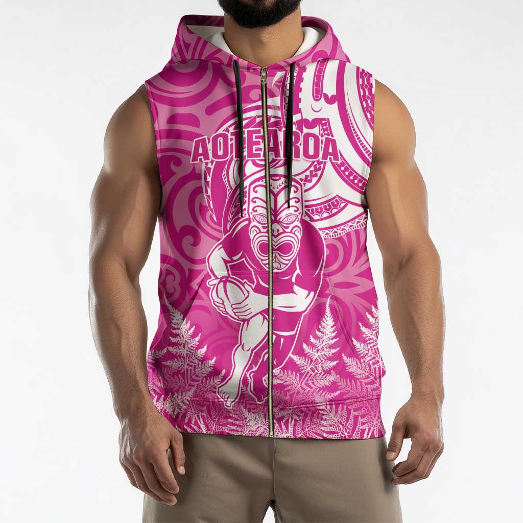 New Zealand Silver Fern Rugby All Pink Sleeveless Zip Hoodie Maori Tiki Player With Ta Moko Tribal - Wonder Print Shop