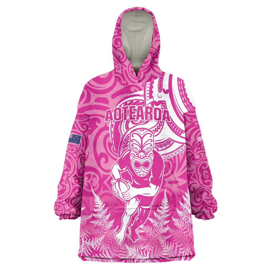New Zealand Silver Fern Rugby All Pink Wearable Blanket Hoodie Maori Tiki Player With Ta Moko Tribal - Wonder Print Shop