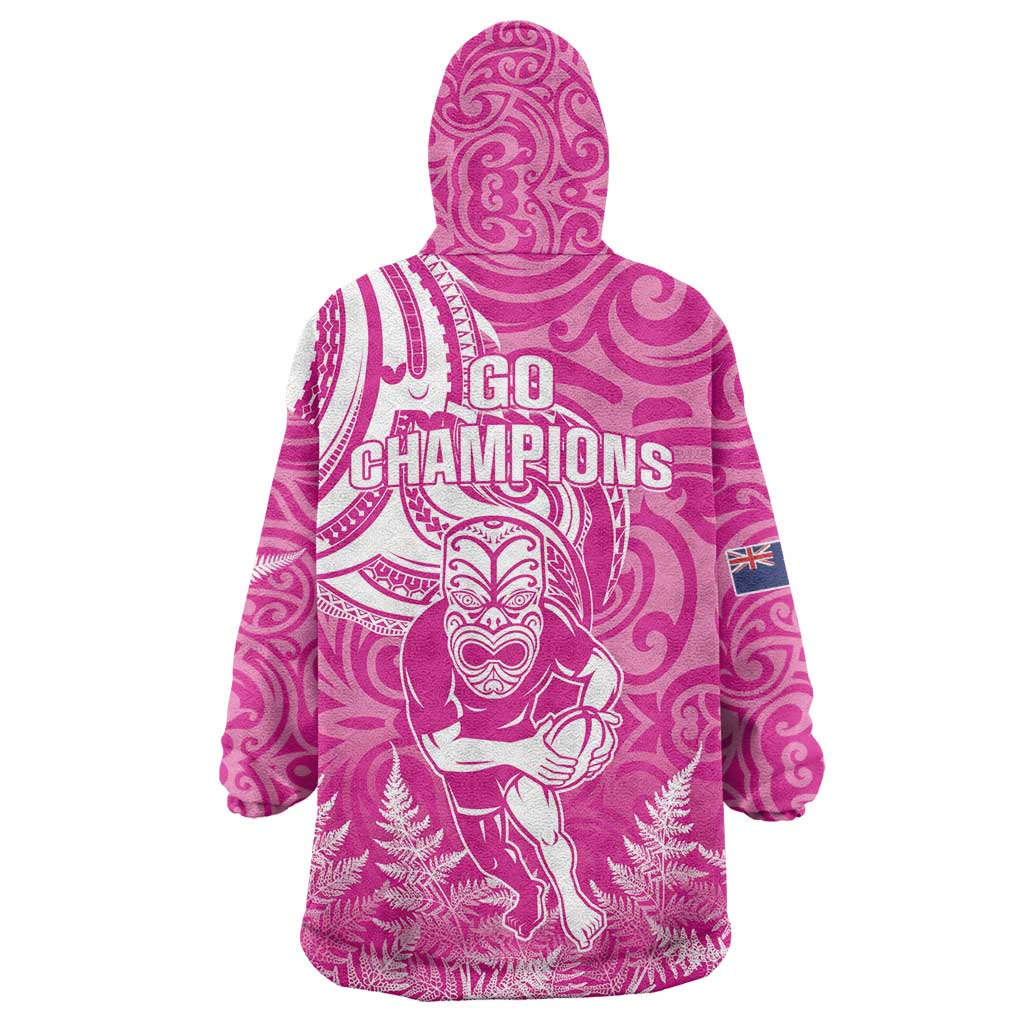 New Zealand Silver Fern Rugby All Pink Wearable Blanket Hoodie Maori Tiki Player With Ta Moko Tribal - Wonder Print Shop
