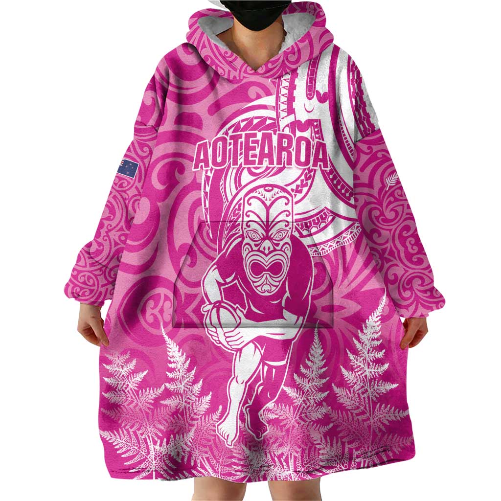 New Zealand Silver Fern Rugby All Pink Wearable Blanket Hoodie Maori Tiki Player With Ta Moko Tribal - Wonder Print Shop