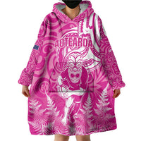 New Zealand Silver Fern Rugby All Pink Wearable Blanket Hoodie Maori Tiki Player With Ta Moko Tribal - Wonder Print Shop