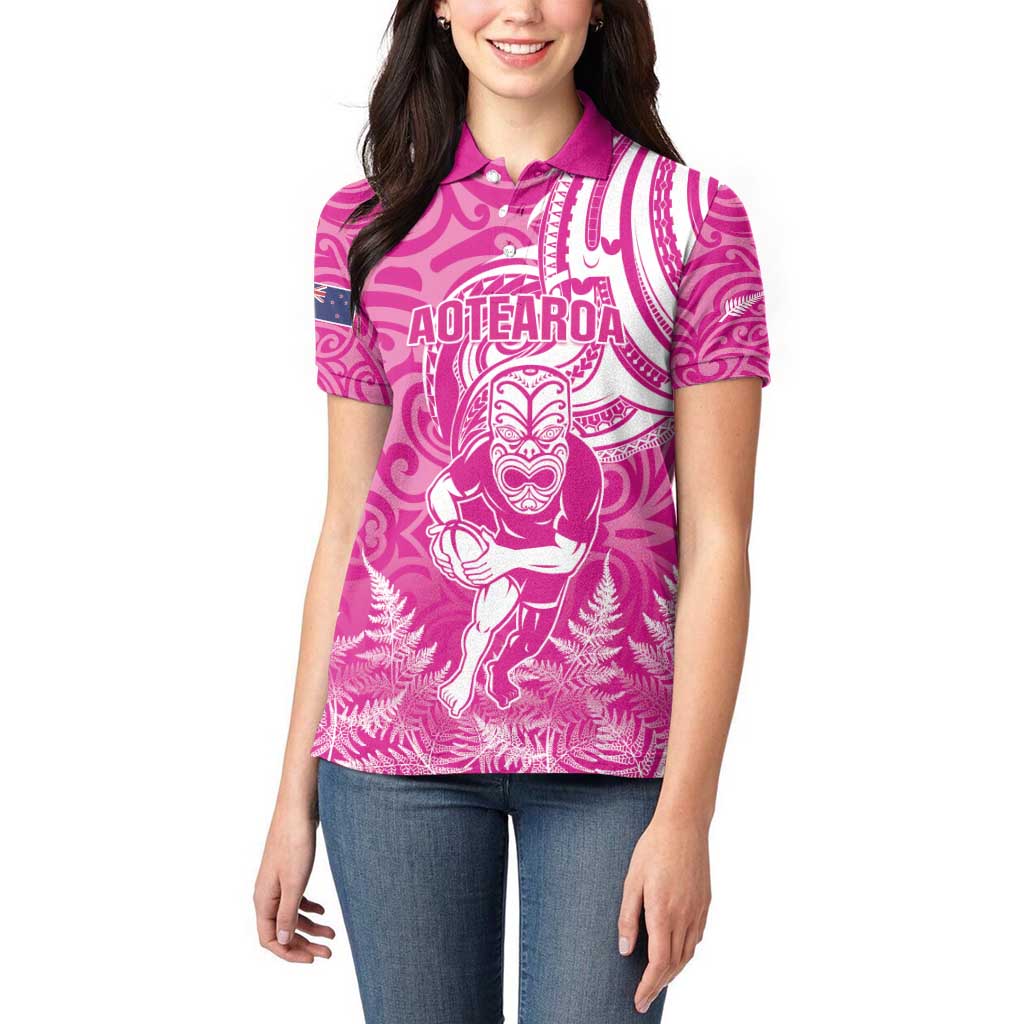 New Zealand Silver Fern Rugby All Pink Women Polo Shirt Maori Tiki Player With Ta Moko Tribal - Wonder Print Shop