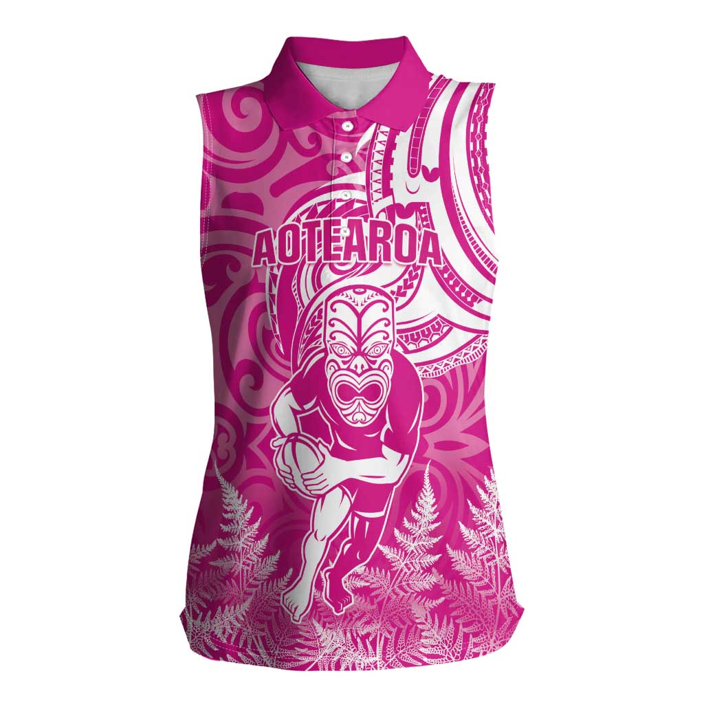 New Zealand Silver Fern Rugby All Pink Women Sleeveless Polo Shirt Maori Tiki Player With Ta Moko Tribal - Wonder Print Shop