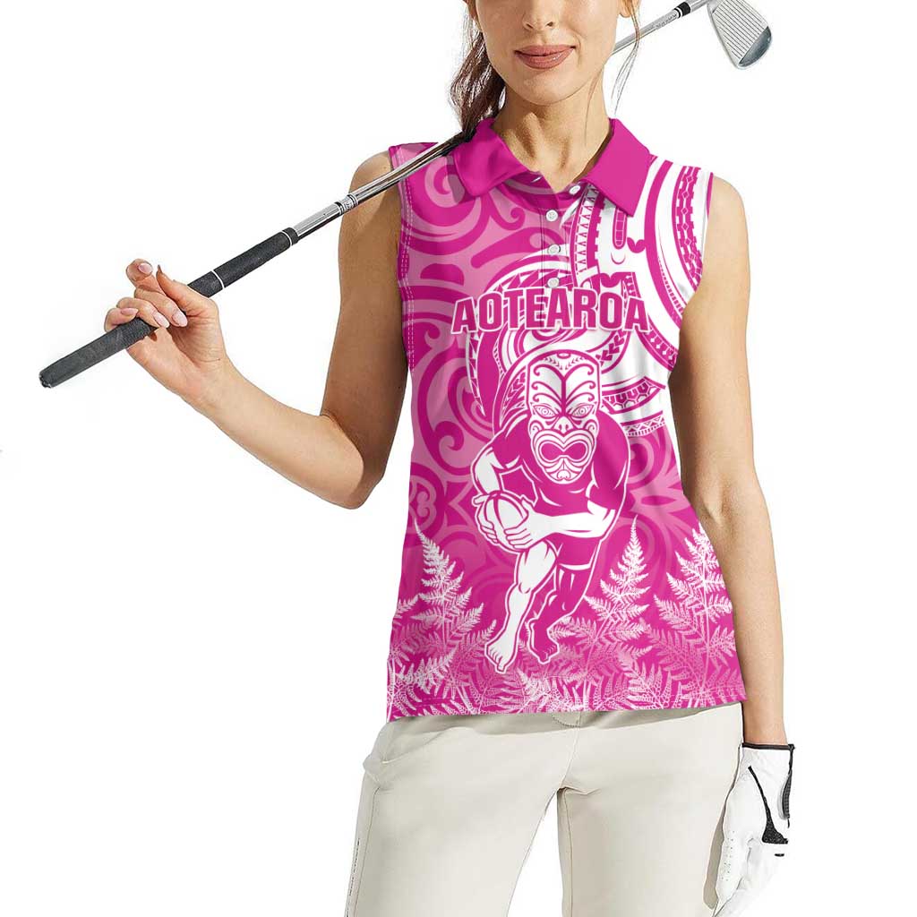 New Zealand Silver Fern Rugby All Pink Women Sleeveless Polo Shirt Maori Tiki Player With Ta Moko Tribal - Wonder Print Shop