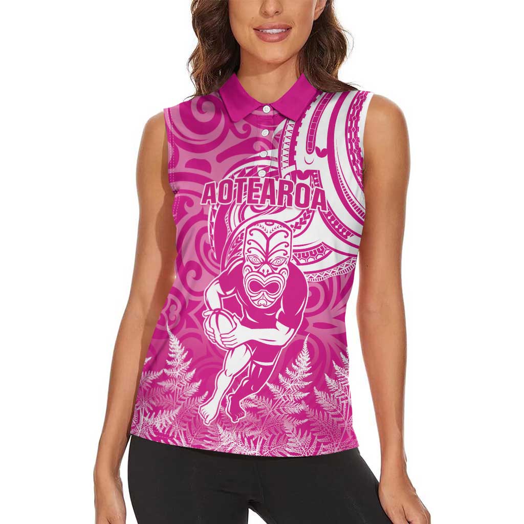 New Zealand Silver Fern Rugby All Pink Women Sleeveless Polo Shirt Maori Tiki Player With Ta Moko Tribal - Wonder Print Shop