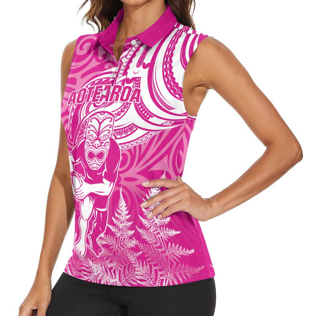 New Zealand Silver Fern Rugby All Pink Women Sleeveless Polo Shirt Maori Tiki Player With Ta Moko Tribal - Wonder Print Shop