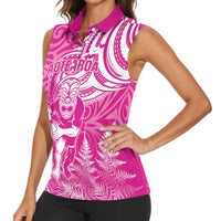 New Zealand Silver Fern Rugby All Pink Women Sleeveless Polo Shirt Maori Tiki Player With Ta Moko Tribal - Wonder Print Shop