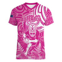 New Zealand Silver Fern Rugby All Pink Women V-Neck T-Shirt Maori Tiki Player With Ta Moko Tribal - Wonder Print Shop