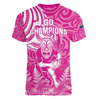 New Zealand Silver Fern Rugby All Pink Women V-Neck T-Shirt Maori Tiki Player With Ta Moko Tribal - Wonder Print Shop