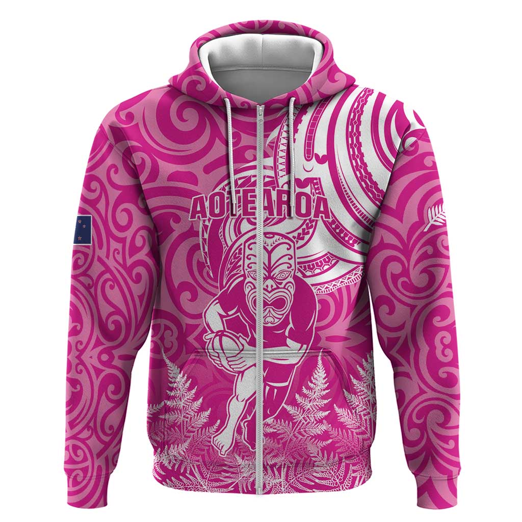 New Zealand Silver Fern Rugby All Pink Zip Hoodie Maori Tiki Player With Ta Moko Tribal - Wonder Print Shop