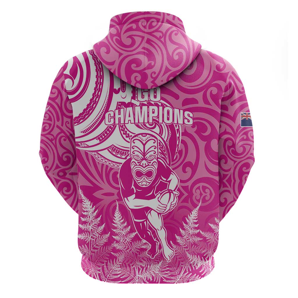 New Zealand Silver Fern Rugby All Pink Zip Hoodie Maori Tiki Player With Ta Moko Tribal - Wonder Print Shop