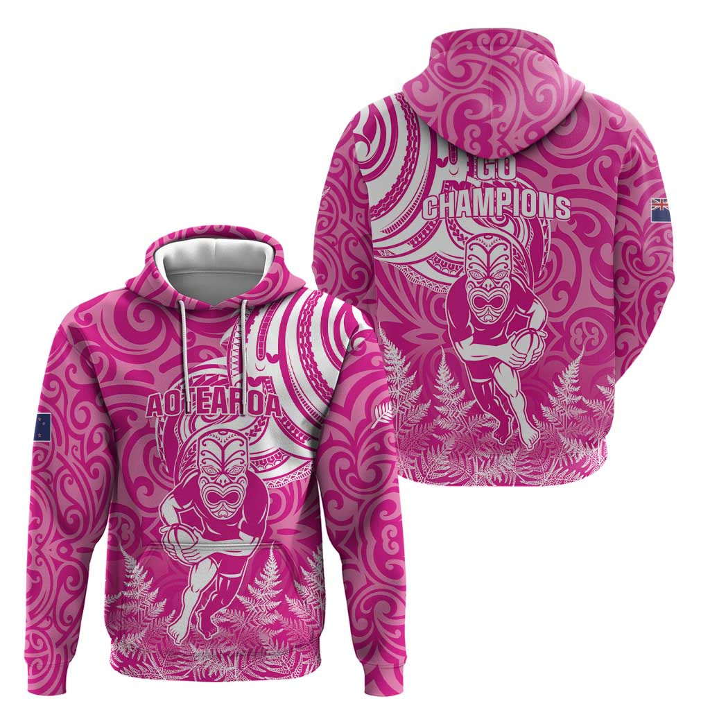 New Zealand Silver Fern Rugby All Pink Zip Hoodie Maori Tiki Player With Ta Moko Tribal - Wonder Print Shop