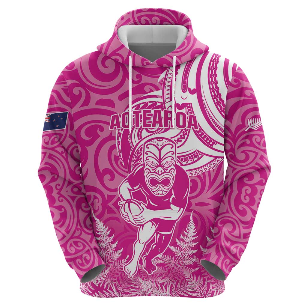 New Zealand Silver Fern Rugby All Pink Zip Hoodie Maori Tiki Player With Ta Moko Tribal - Wonder Print Shop