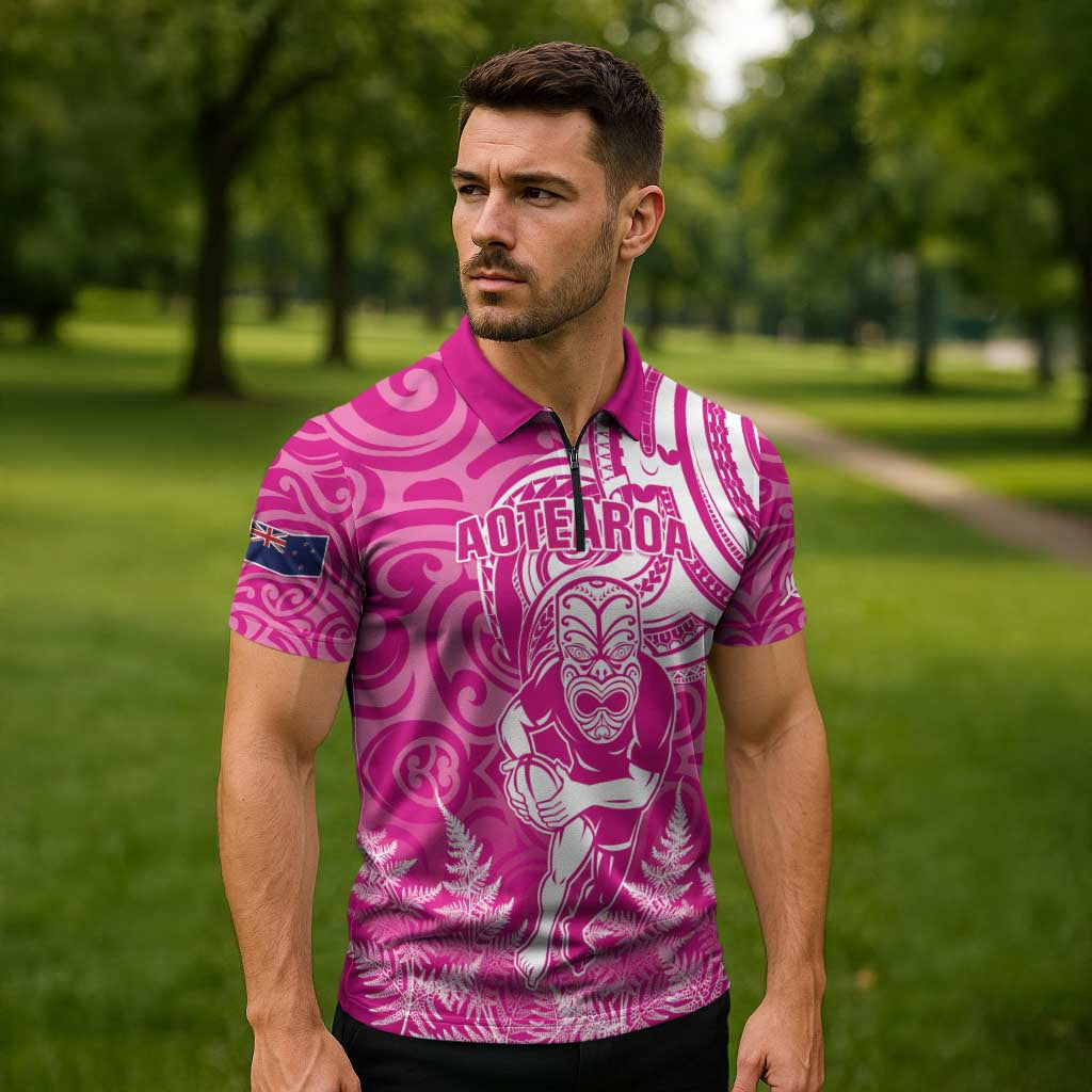 New Zealand Silver Fern Rugby All Pink Zipper Polo Shirt Maori Tiki Player With Ta Moko Tribal - Wonder Print Shop