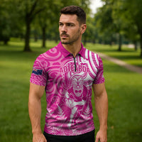 New Zealand Silver Fern Rugby All Pink Zipper Polo Shirt Maori Tiki Player With Ta Moko Tribal - Wonder Print Shop