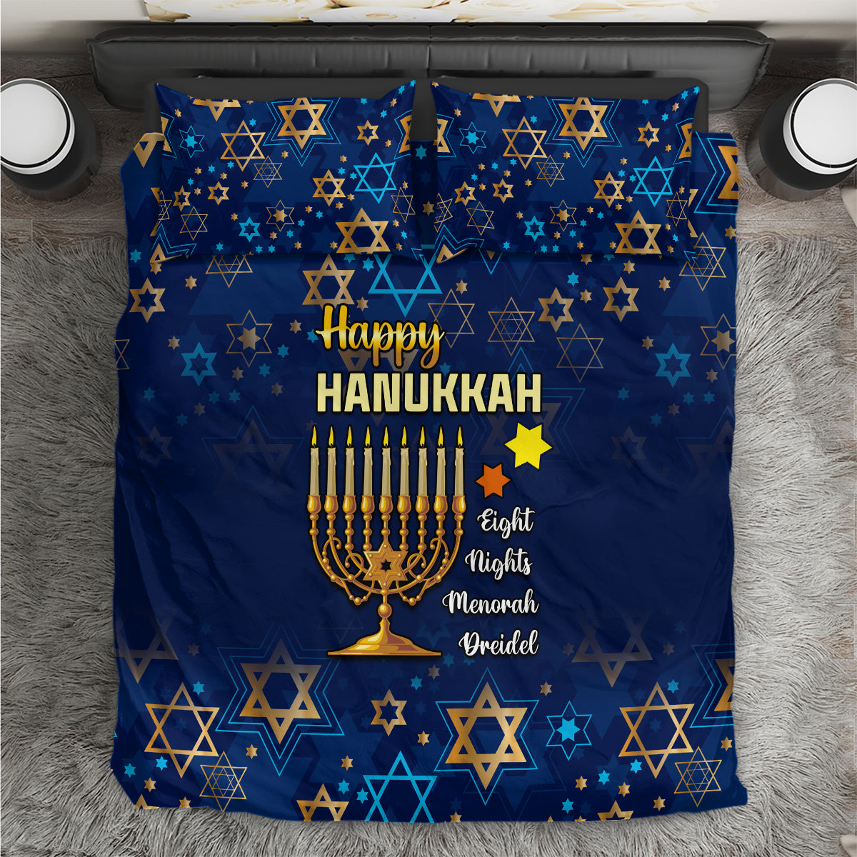 Hanukkah Festival Bedding Set Eight Nights Menorah Dreidel - Wonder Print Shop
