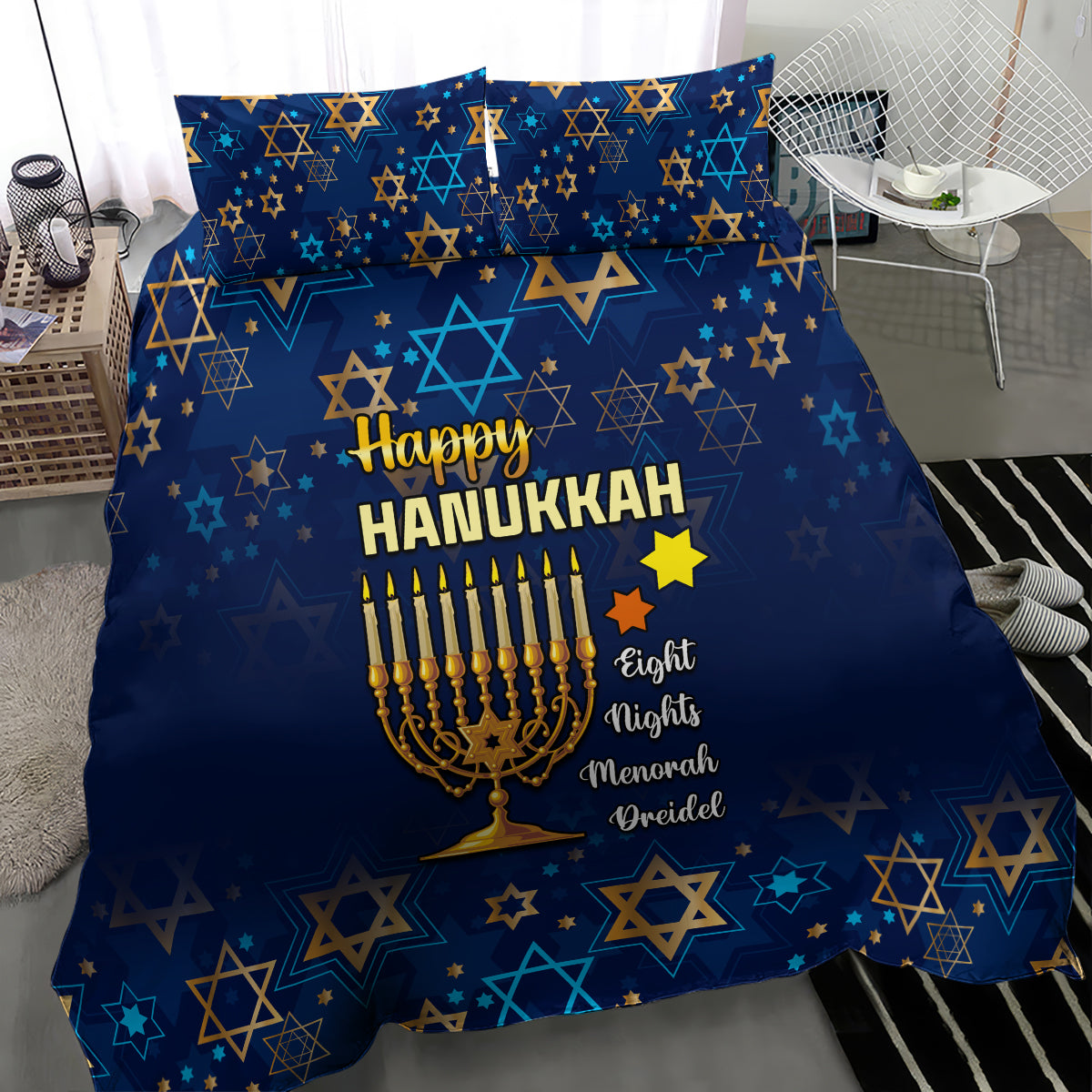 Hanukkah Festival Bedding Set Eight Nights Menorah Dreidel - Wonder Print Shop