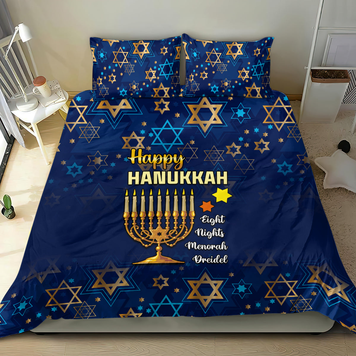 Hanukkah Festival Bedding Set Eight Nights Menorah Dreidel - Wonder Print Shop