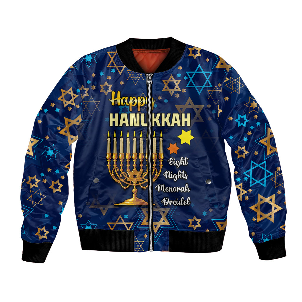 Personalised Hanukkah Festival Bomber Jacket Eight Nights Menorah Dreidel - Wonder Print Shop