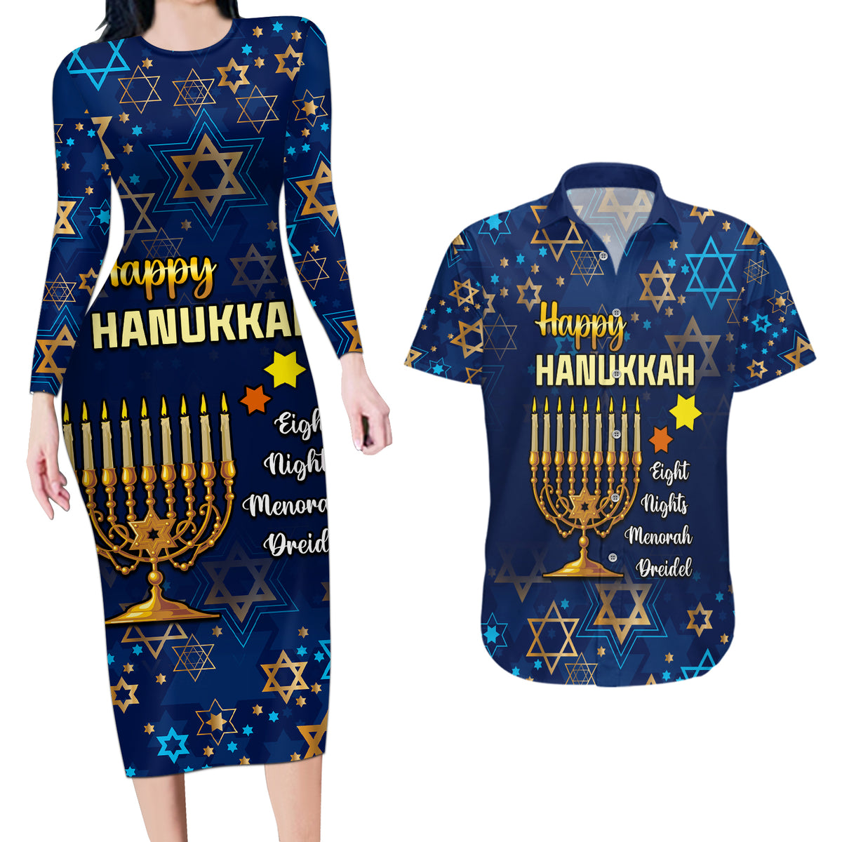 Personalised Hanukkah Festival Couples Matching Long Sleeve Bodycon Dress and Hawaiian Shirt Eight Nights Menorah Dreidel - Wonder Print Shop