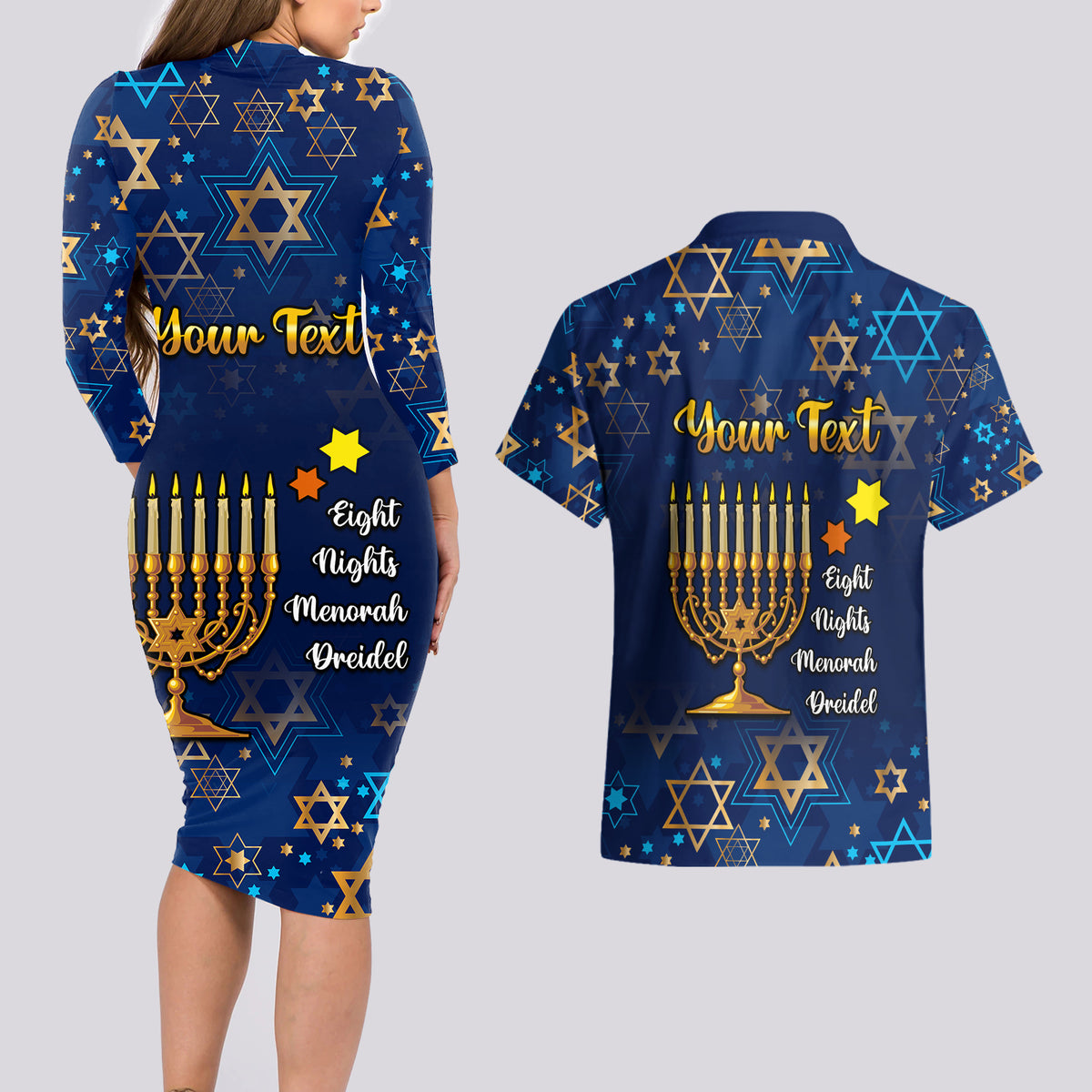 Personalised Hanukkah Festival Couples Matching Long Sleeve Bodycon Dress and Hawaiian Shirt Eight Nights Menorah Dreidel - Wonder Print Shop
