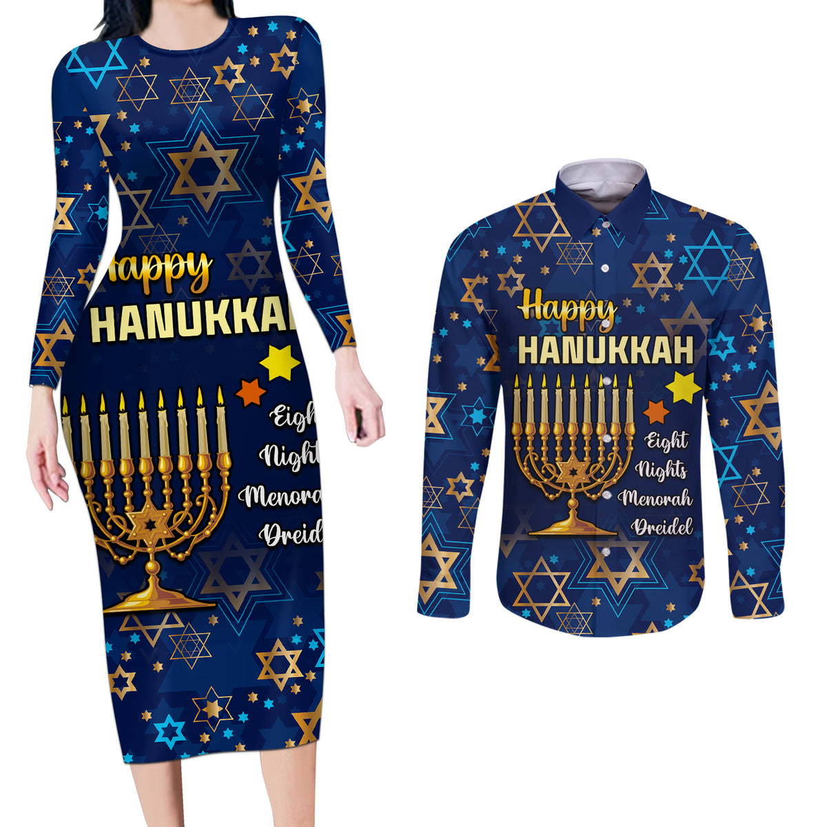 Personalised Hanukkah Festival Couples Matching Long Sleeve Bodycon Dress and Long Sleeve Button Shirt Eight Nights Menorah Dreidel - Wonder Print Shop