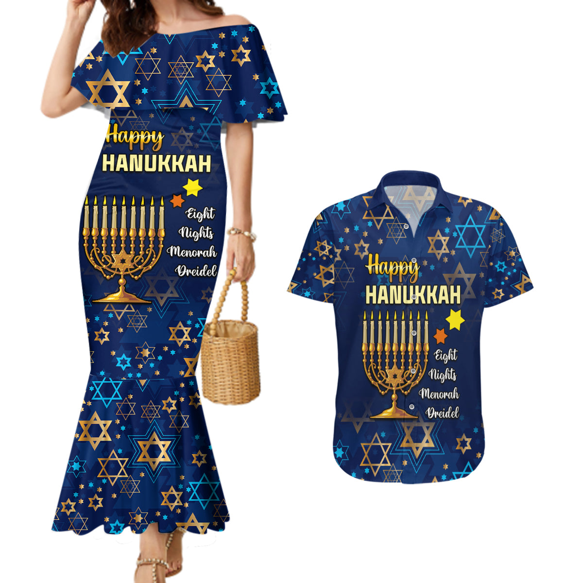 Personalised Hanukkah Festival Couples Matching Mermaid Dress and Hawaiian Shirt Eight Nights Menorah Dreidel - Wonder Print Shop
