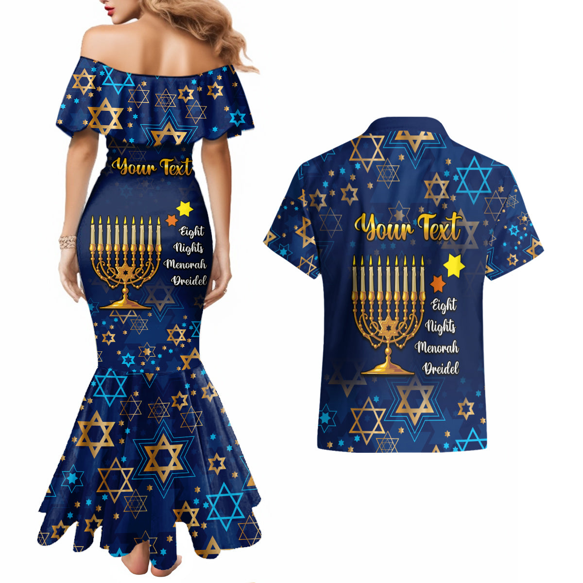 Personalised Hanukkah Festival Couples Matching Mermaid Dress and Hawaiian Shirt Eight Nights Menorah Dreidel - Wonder Print Shop