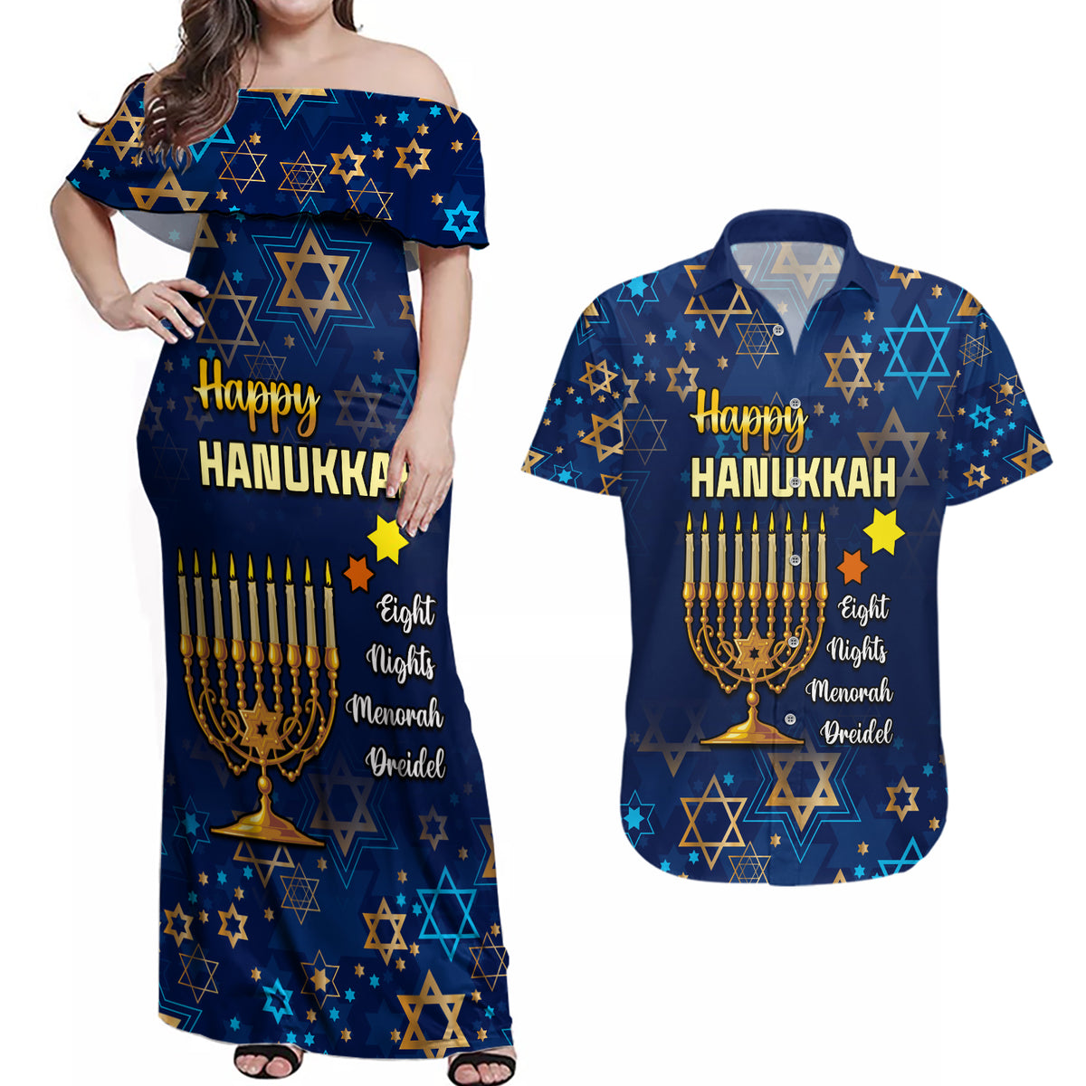 Personalised Hanukkah Festival Couples Matching Off Shoulder Maxi Dress and Hawaiian Shirt Eight Nights Menorah Dreidel - Wonder Print Shop