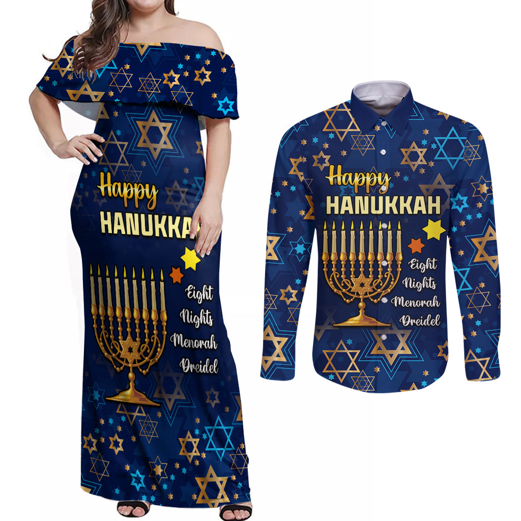 Personalised Hanukkah Festival Couples Matching Off Shoulder Maxi Dress and Long Sleeve Button Shirt Eight Nights Menorah Dreidel - Wonder Print Shop