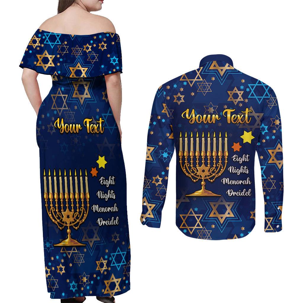 Personalised Hanukkah Festival Couples Matching Off Shoulder Maxi Dress and Long Sleeve Button Shirt Eight Nights Menorah Dreidel - Wonder Print Shop