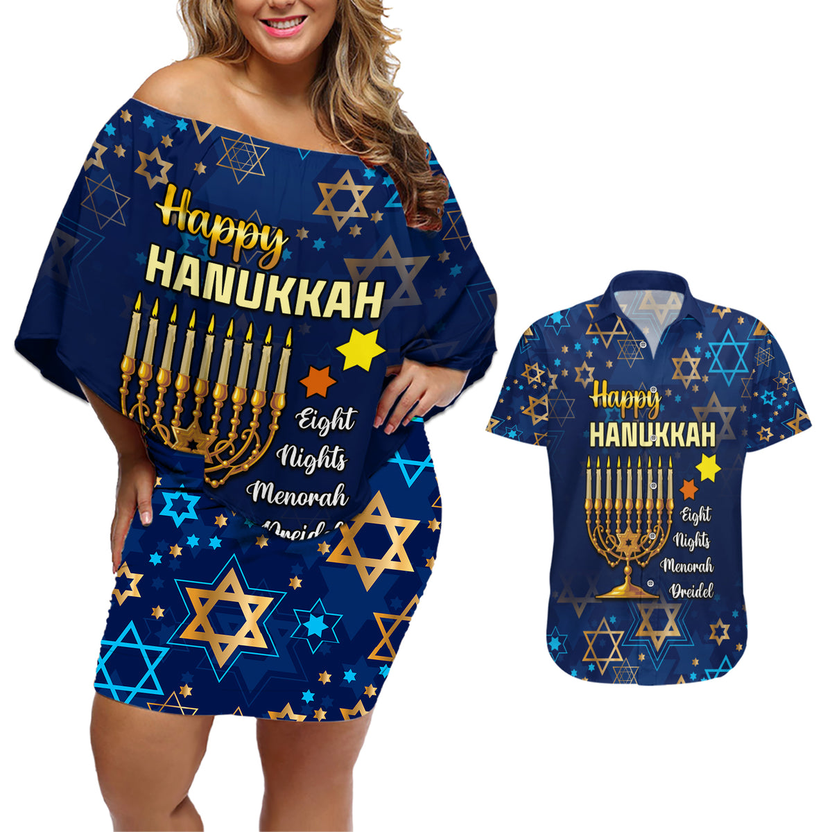 Personalised Hanukkah Festival Couples Matching Off Shoulder Short Dress and Hawaiian Shirt Eight Nights Menorah Dreidel - Wonder Print Shop