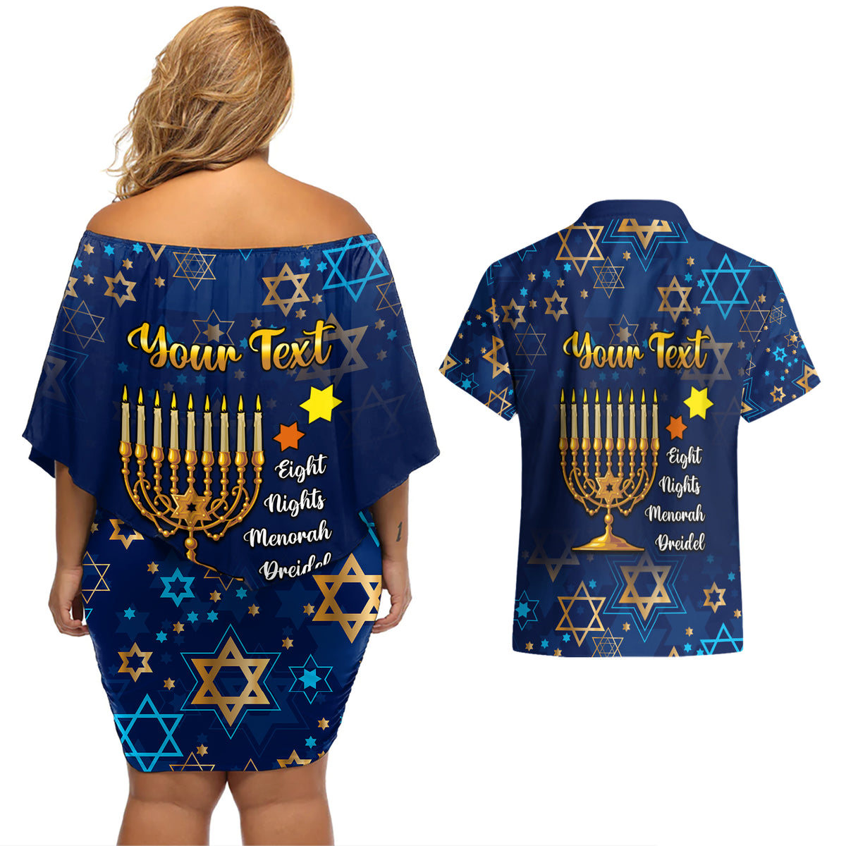 Personalised Hanukkah Festival Couples Matching Off Shoulder Short Dress and Hawaiian Shirt Eight Nights Menorah Dreidel - Wonder Print Shop
