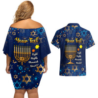 Personalised Hanukkah Festival Couples Matching Off Shoulder Short Dress and Hawaiian Shirt Eight Nights Menorah Dreidel - Wonder Print Shop