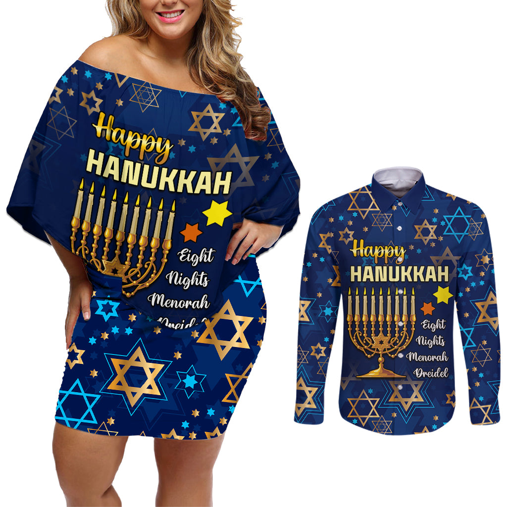 Personalised Hanukkah Festival Couples Matching Off Shoulder Short Dress and Long Sleeve Button Shirt Eight Nights Menorah Dreidel - Wonder Print Shop