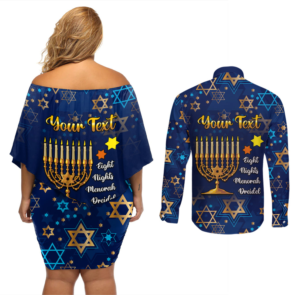 Personalised Hanukkah Festival Couples Matching Off Shoulder Short Dress and Long Sleeve Button Shirt Eight Nights Menorah Dreidel - Wonder Print Shop