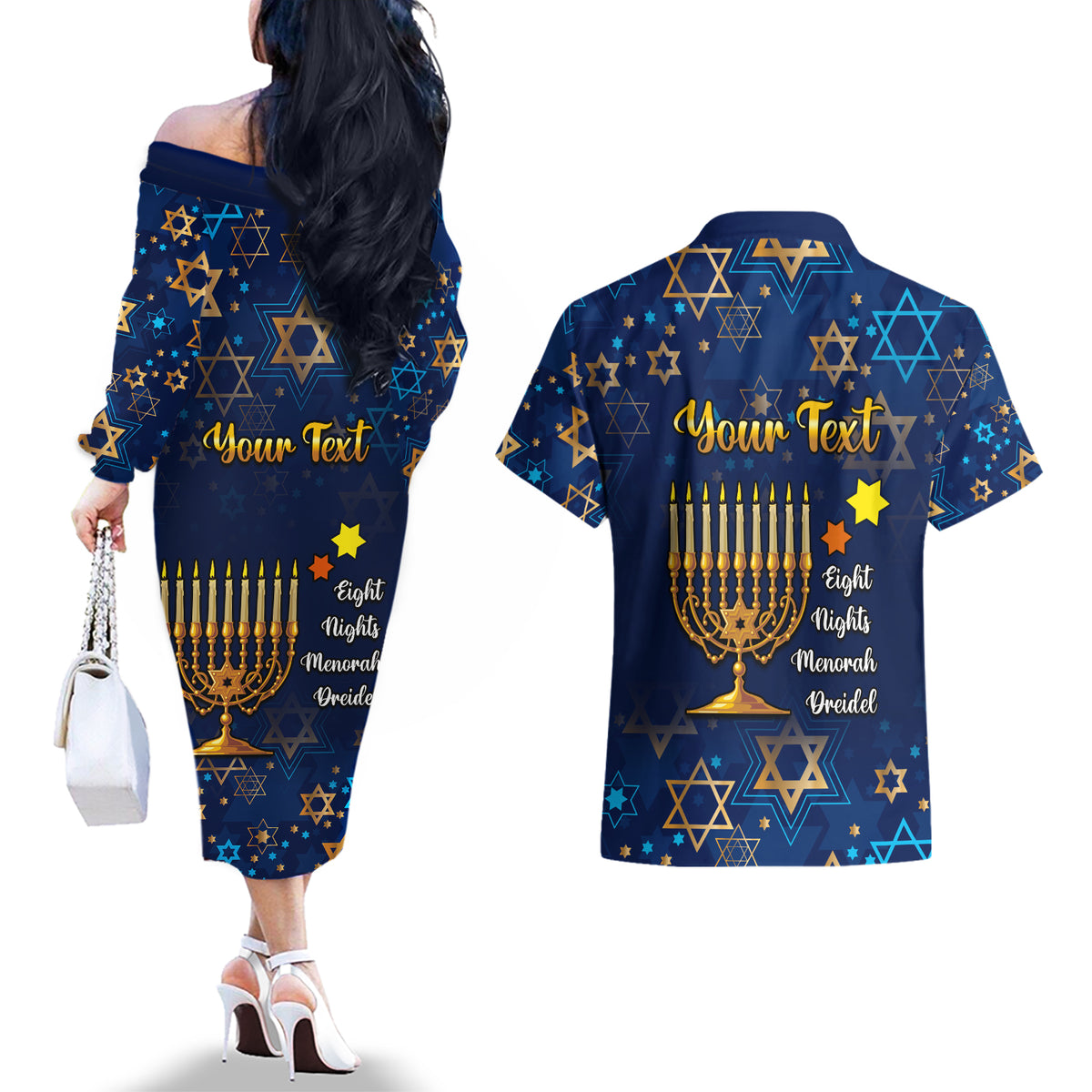 Personalised Hanukkah Festival Couples Matching Off The Shoulder Long Sleeve Dress and Hawaiian Shirt Eight Nights Menorah Dreidel - Wonder Print Shop