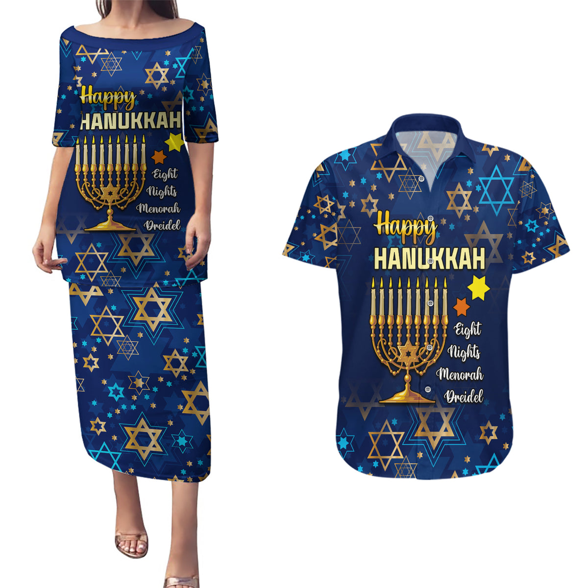 Personalised Hanukkah Festival Couples Matching Puletasi Dress and Hawaiian Shirt Eight Nights Menorah Dreidel - Wonder Print Shop