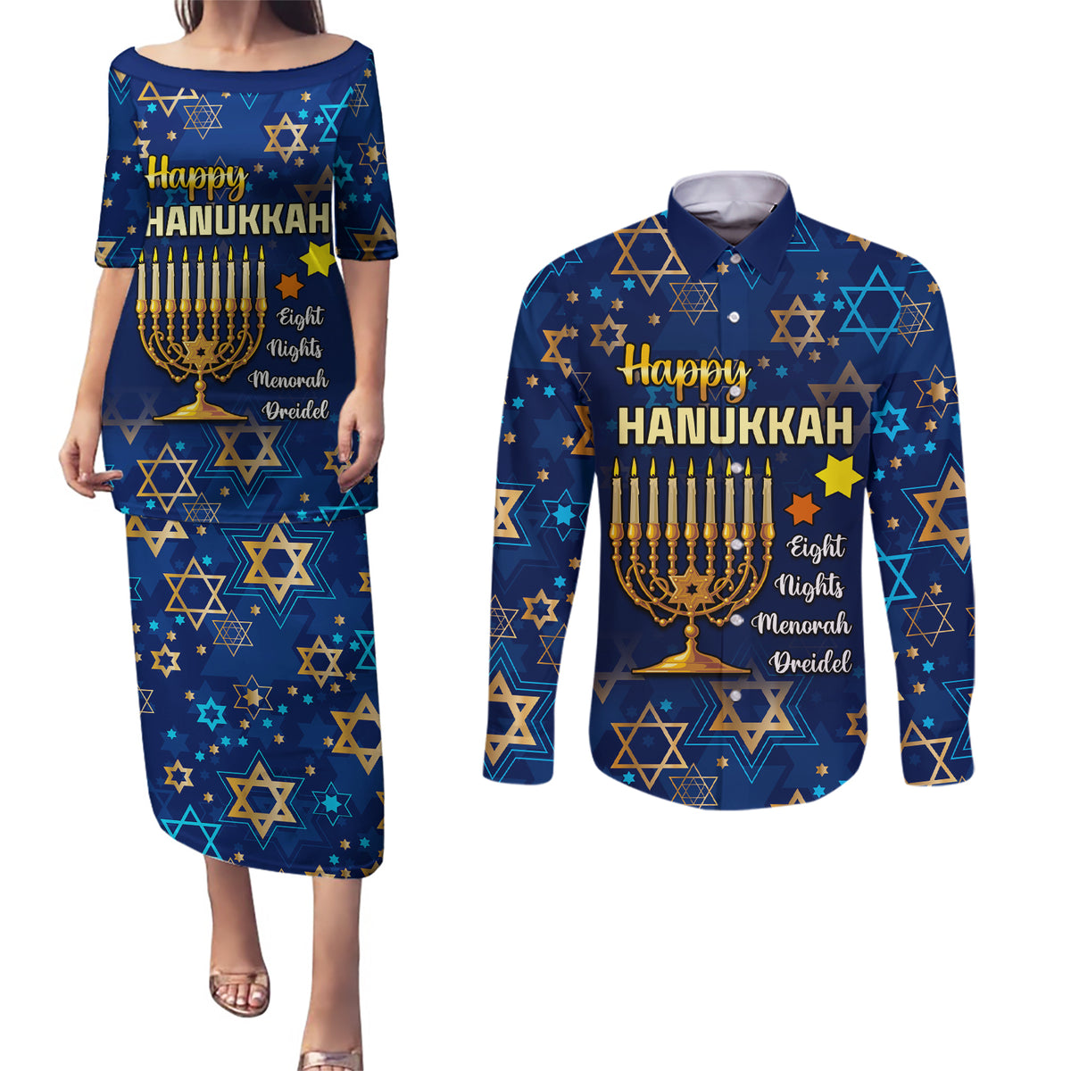 Personalised Hanukkah Festival Couples Matching Puletasi Dress and Long Sleeve Button Shirt Eight Nights Menorah Dreidel - Wonder Print Shop
