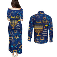 Personalised Hanukkah Festival Couples Matching Puletasi Dress and Long Sleeve Button Shirt Eight Nights Menorah Dreidel - Wonder Print Shop