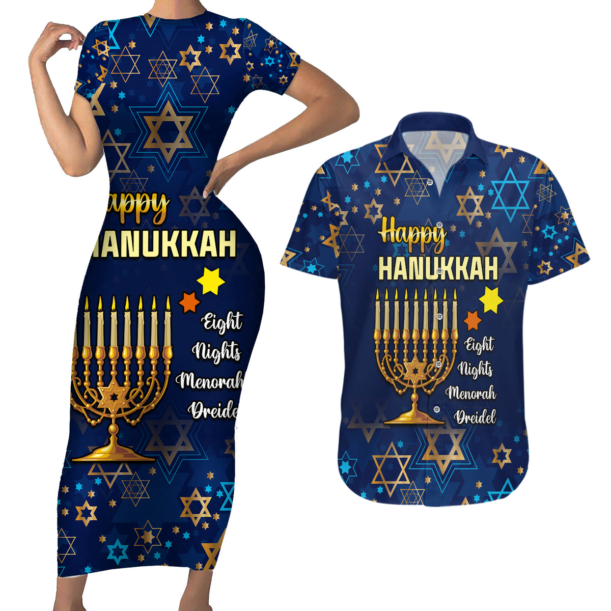 Personalised Hanukkah Festival Couples Matching Short Sleeve Bodycon Dress and Hawaiian Shirt Eight Nights Menorah Dreidel - Wonder Print Shop