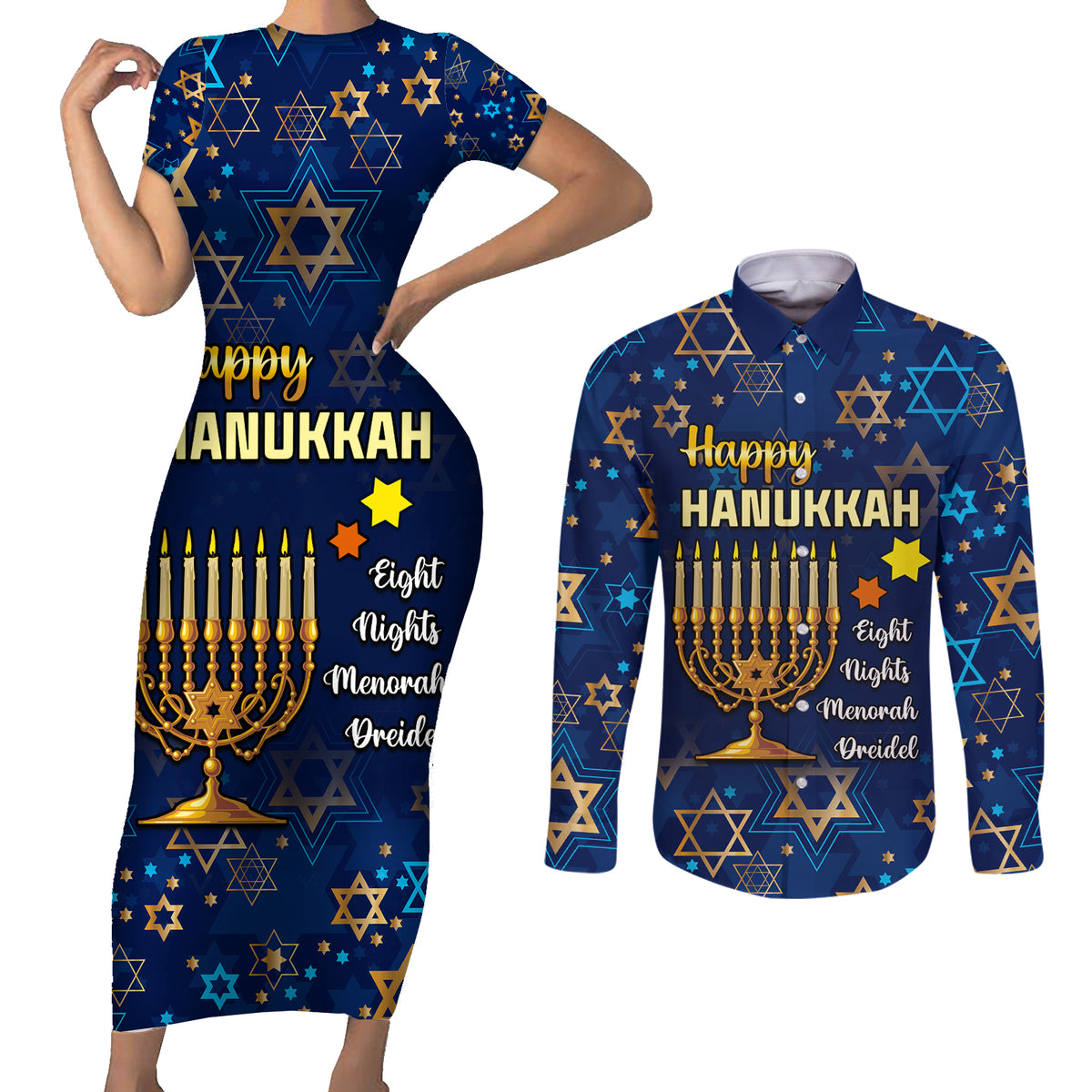 Personalised Hanukkah Festival Couples Matching Short Sleeve Bodycon Dress and Long Sleeve Button Shirt Eight Nights Menorah Dreidel - Wonder Print Shop