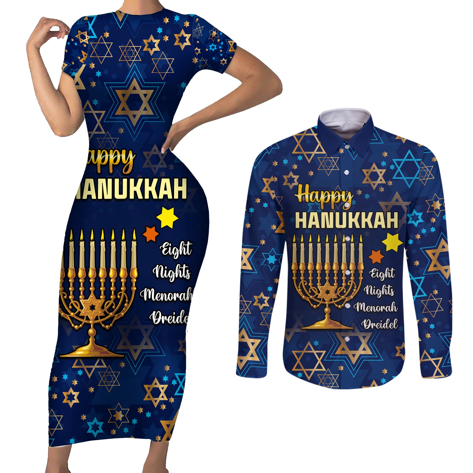 Personalised Hanukkah Festival Couples Matching Short Sleeve Bodycon Dress and Long Sleeve Button Shirt Eight Nights Menorah Dreidel - Wonder Print Shop