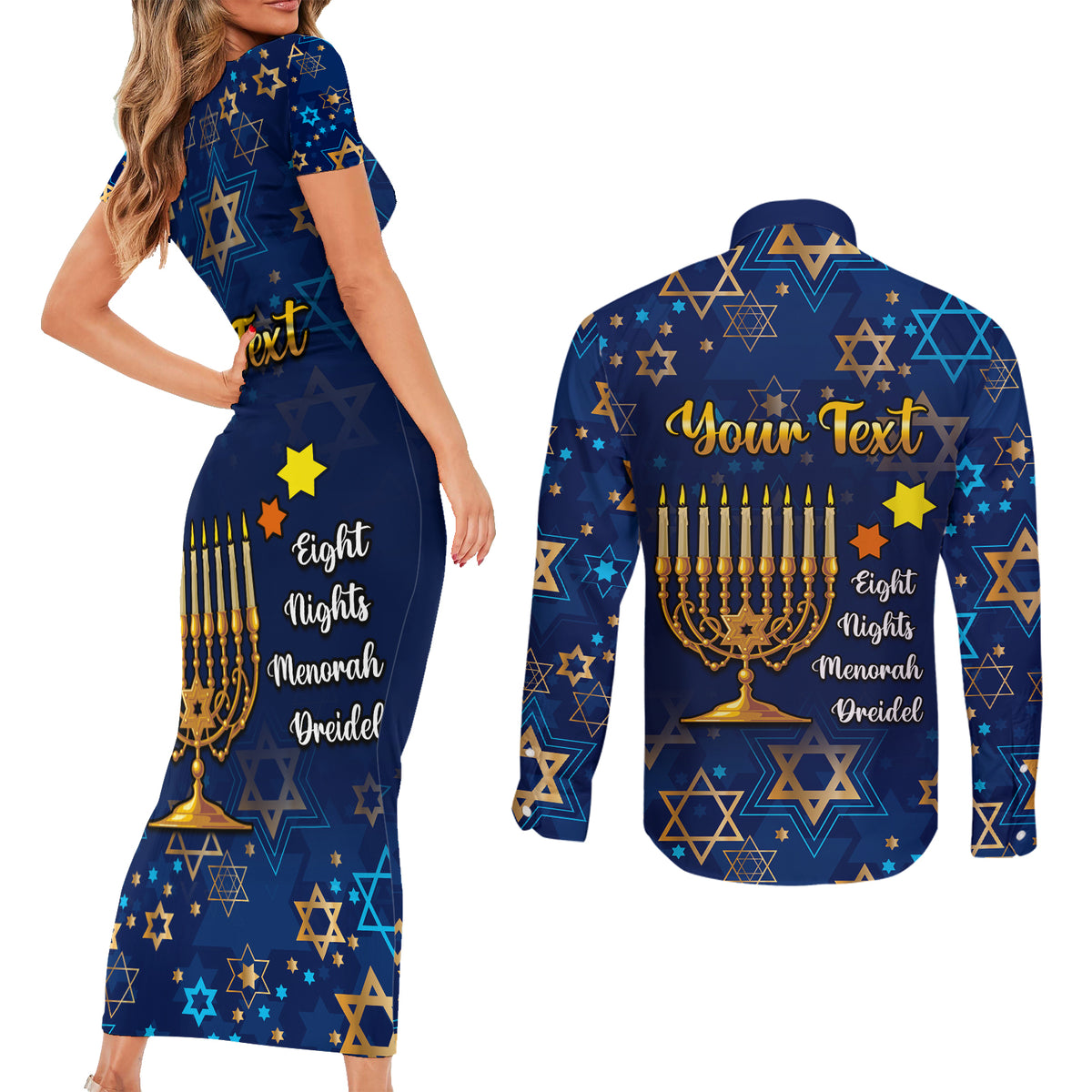 Personalised Hanukkah Festival Couples Matching Short Sleeve Bodycon Dress and Long Sleeve Button Shirt Eight Nights Menorah Dreidel - Wonder Print Shop